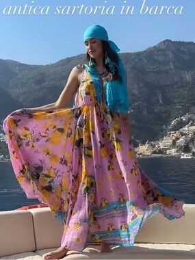 Antica Sartoria 2026 Flowing Pink Floral Maxi Dress with Lemon & Aqua NWT O/S